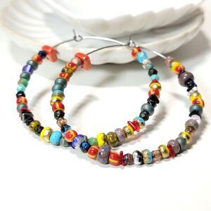 Hoop Earrings  657#FS bohemian multicolor beaded big hoop earrings art 2R summer